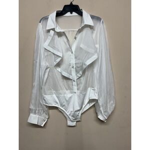 White Sheer Chiffon Button Front Bodysuit Blouse Long Sleeve Size XL